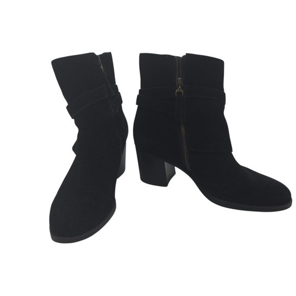 Ralph Lauren RLL Black Suede Block Heel Ankle Boots Gilda 8B Y2K Moto Strap - Picture 2 of 13